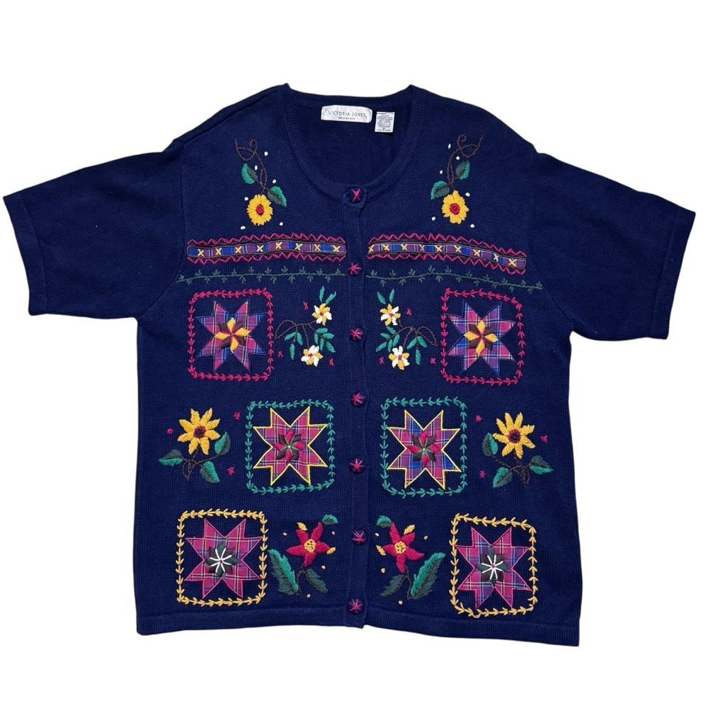 VINTAGE Victoria Jones Woman 90s Embroidered Short Sleeve Sweater Sz 1X